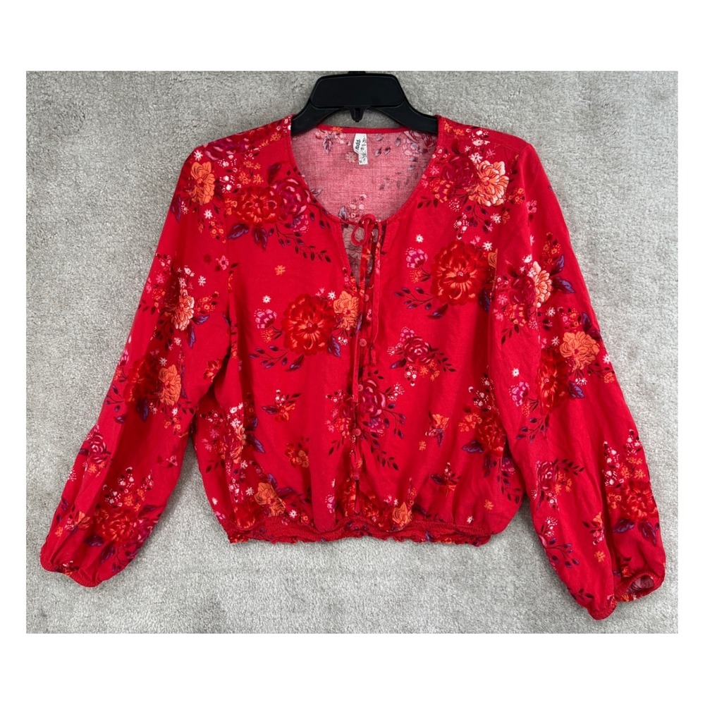 Mudd Floral Peasant Blouse Size XL Red Boho Tie Neck Smocked Hem Cottagecore
